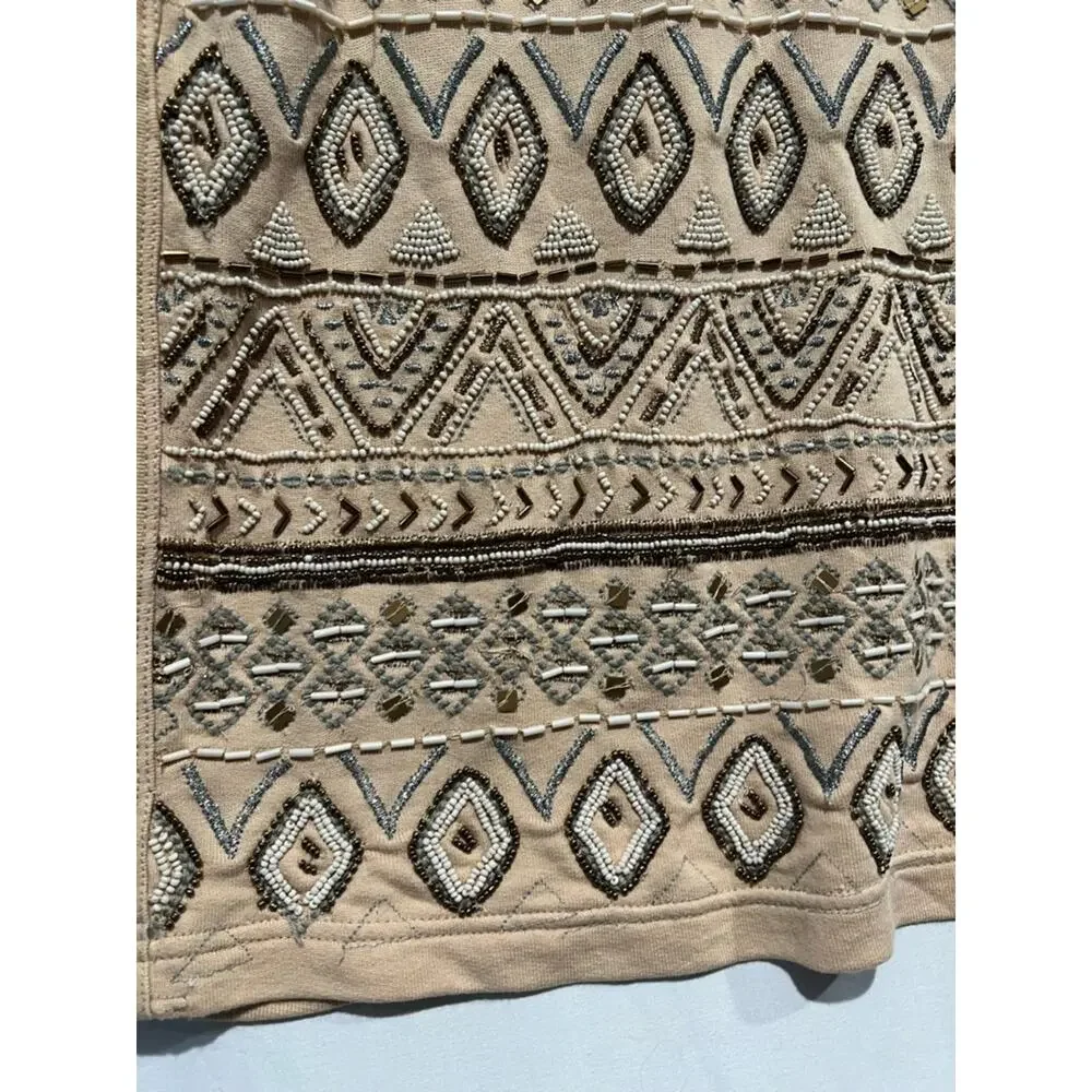 Free People Beaded Tunic Mini Dress Boho Embellished Geometric Tank Neutral